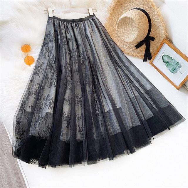 スカート レディース 秋冬 ボトムス チュールスカート チュール フレアスカート フレア レーススカート ボリューム ロングスカート 黒 ブラック ウエストゴムの通販は