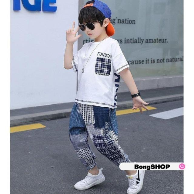 子供服セットアップ キッズ 男の子 春夏 2点セット 上下セット 半袖 英字 Tシャツ+チェック柄 九分丈パンツ ジュニア カジュアル 可愛い おしゃれ 普段着 通学着_3