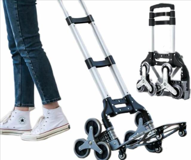 アルミニウム合金 折りたたみ ハンドトラック 3輪 ツールカート 段差解消  斜面でこぼこ道 ステップ カーブ 軽量 静音 耐荷重75kg 高さ調節 キャリーカート 引越し 固定ロープ付き 折りたたみ 360度回転