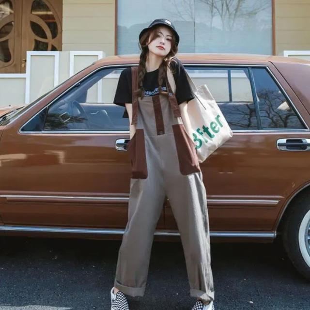 オールインワン パンツ ブラウン 配色 サロペット ゆったり ロング丈  