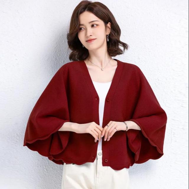 ドルマンスリーブ ニット ケープ 上品 大判 レディース スカラップ