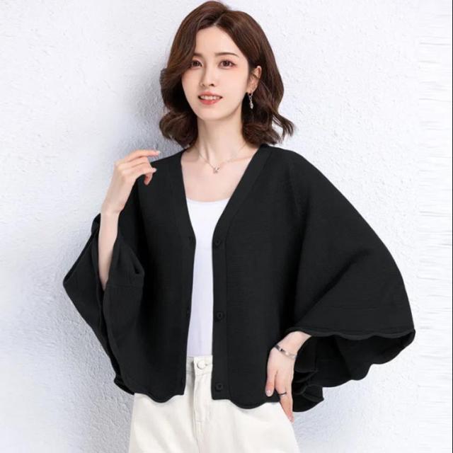 ドルマンスリーブ ニット ケープ 上品 大判 レディース スカラップ