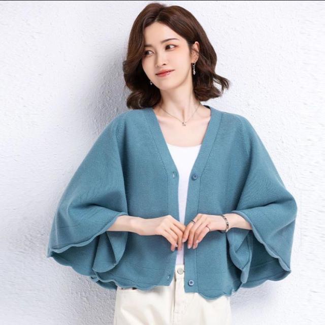 ドルマンスリーブ ニット ケープ 上品 大判 レディース スカラップ