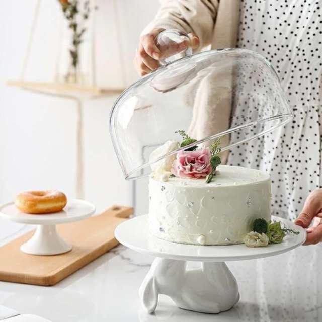 ケーキスタンド 北欧 かわいい ウサギ 白 ケーキトレー 陶器 ガラス 蓋つき おしゃれ ディスプレイ コンポート ティータイム 磁器 製菓