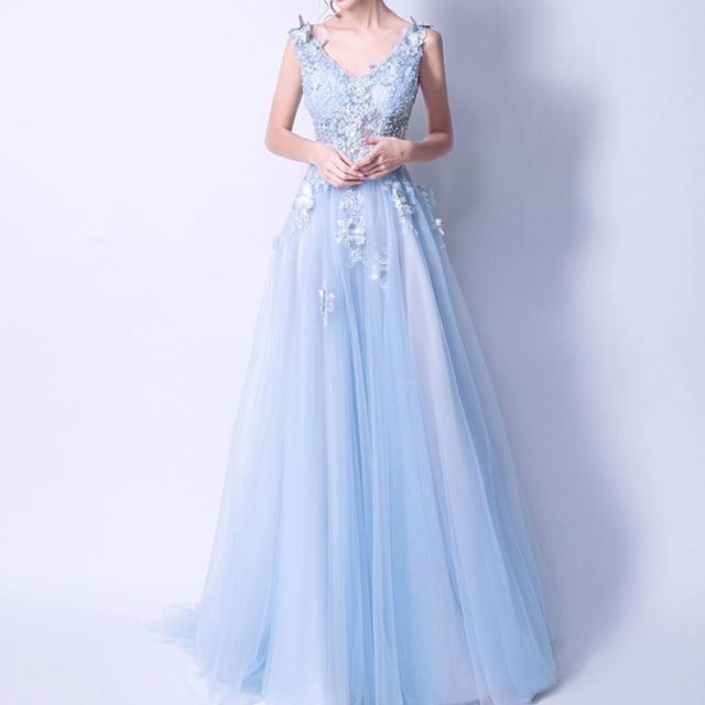 パーティードレス パーティドレス 水色 青 立体花 刺繍 レース ロングドレス 演奏会 発表会 ピアノ 舞台 ステージ お呼ばれの通販はau Pay マーケット Mmc