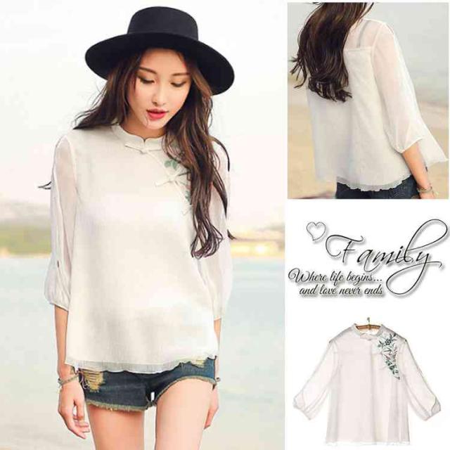 シフォンブラウス レディース 七分袖 中国風 花柄 刺繍 チャイナ風 プルオーバー 体型カバー ファッション トップス おしゃれの通販はau Pay マーケット Mmc