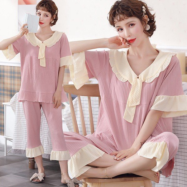 パジャマ レディース 夏 半袖 綿素材 ルームウェア 2点セット トップス パンツ 授乳服 産後 妊婦 姫系 寝巻き 部屋着 快適 体型カバー 大きいサイズ 可愛い 新品