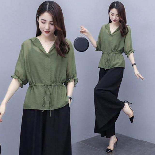 セットアップ レディース 春夏 オシャレセットアップ 半袖ブラウス V