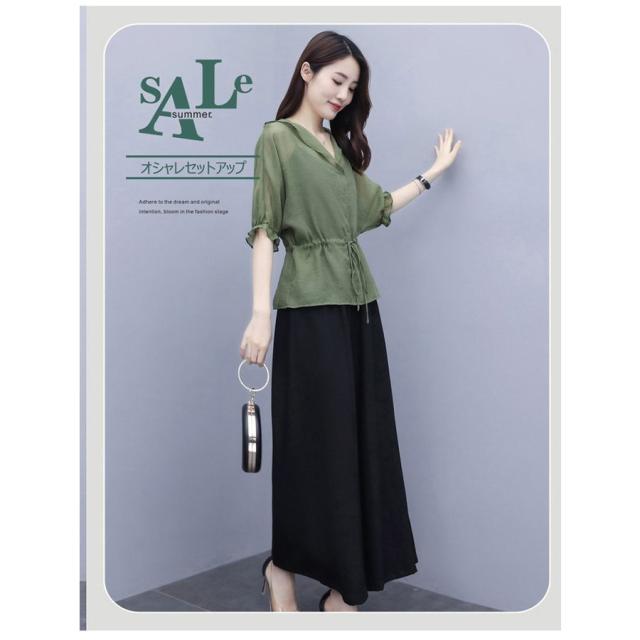 セットアップ レディース 春 夏 秋 おしゃれ セットアップ 半袖ブラウス Vネック九分丈ワイドパンツ リネン カジュアル 韓国風 通勤 40代 大きいサイズ 緑 セットアップ レディース 春夏 オシャレセットアップ 半袖ブラウス V