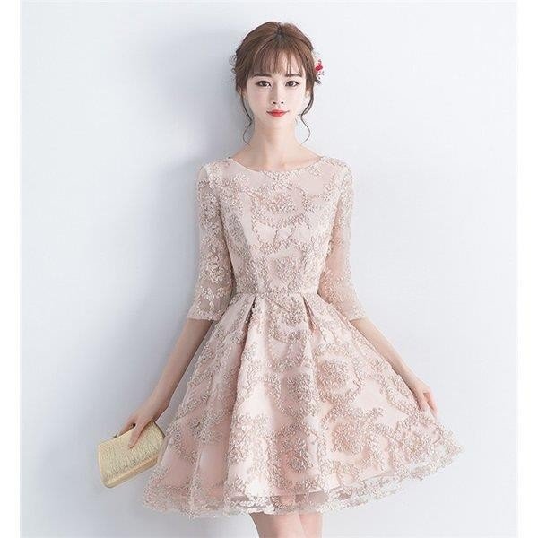 パーティードレス フレアワンピース ミニ 細身 結婚式 お呼ばれ レース 二次会 演奏会 披露宴 エレガント アプリコット 大きいサイズ S〜3L