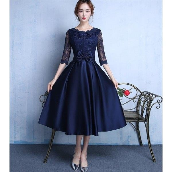パーティードレス ミモレ丈 膝丈 袖あり 結婚式 お呼ばれ レース切替