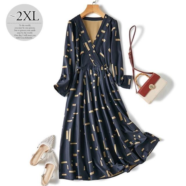 ワンピース 長袖 ウエストリボン カシュクール 総柄プリント クラシカル ママスタイル 美人 女子会 お出かけファッション ストリート 母親 リゾート