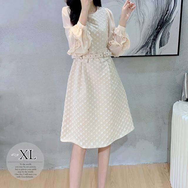 ワンピース ラウンドネック パフスリーブ 長袖 ウエストマーク 膝丈ワンピ キュート 甘め ガーリー 食事会 清楚 定番 キレイ目 休日スタイル 女子旅