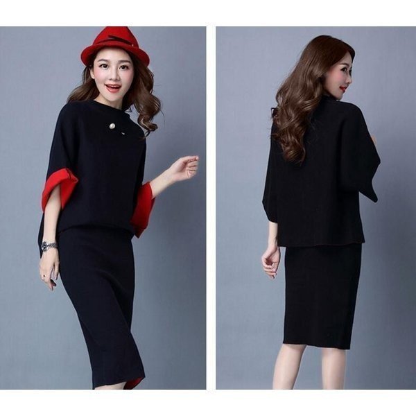 ニットウェアトップスプルオーバー 七分袖膝丈タイトスカートウエストゴムバイカラー 2点セット通勤 30代40代秋 ニットウェアトップスプルオーバー 七分袖膝丈タイトスカートウエスト