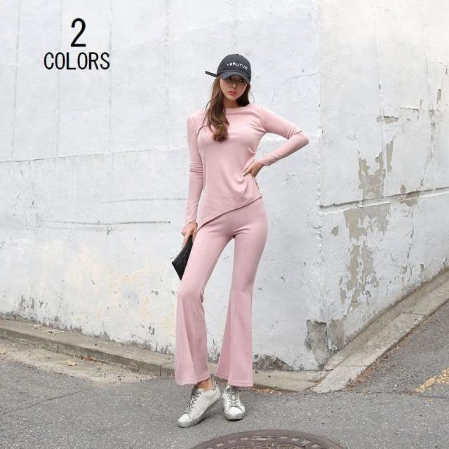 セットアップ 上下セット 2点セット ツーピース ジャージ レディース カットソー 長袖 ラウンドネック 長ズボン ロングパンツ ブーツカット 裾スリの通販は