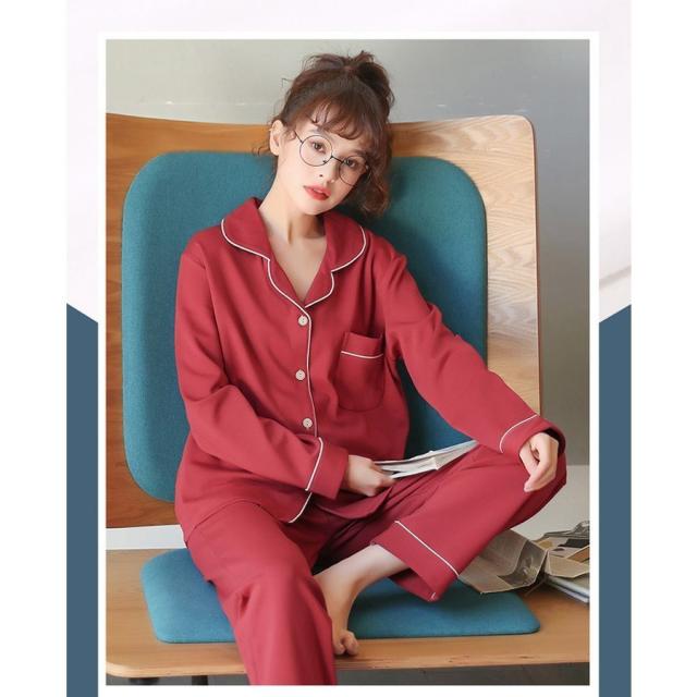 パジャマ レディース ルームウェア 秋冬 綿 前開き 長袖 上下セット 赤