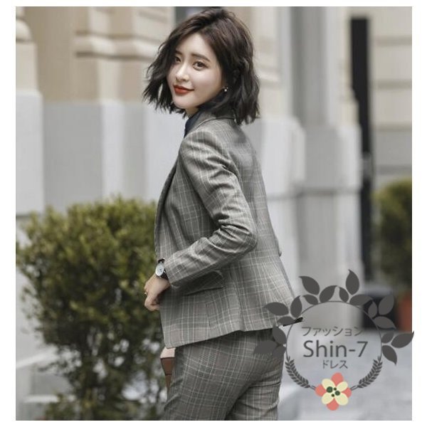 レディースパンツスーツセット チェック柄 カジュアル ビジネス 入学式