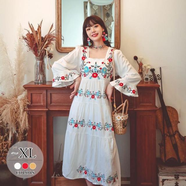 ワンピース 花柄 ホワイト 刺繍 エスニックスタイル フレア袖 リモート フェミニン 清楚 きれいめ 定番 クール 休日 キレイ目 Pim18 の通販はau Pay マーケット Mmc