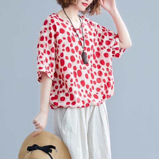 水玉柄tシャツ 綿麻 トップス プルオーバー ブラウス ドット柄