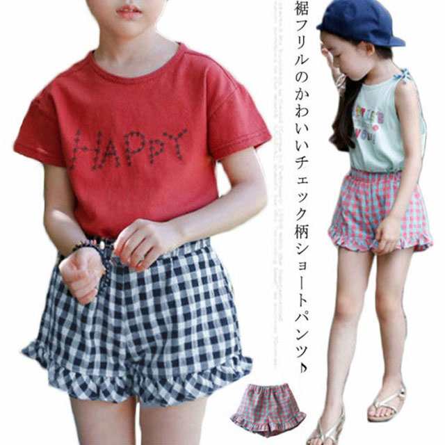 韓国子ども服韓国子供服新品◆ハーフパンツ　チェック柄フレアショートパンツ 100