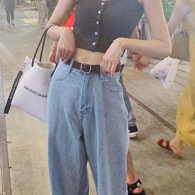 ハイウエスト ウエストデザイン ルーズ デニム ワイドパンツ