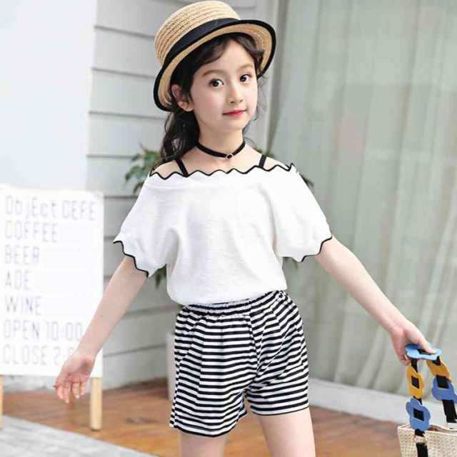 女の子2点セット トップス ショットパンツ 子供服 2点セット 女の子 肩出しトップス ボーダー柄ショットパンツ ウエストゴム の通販はau Pay マーケット Mmc