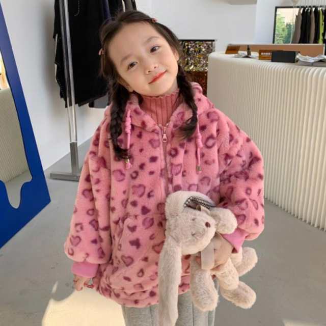 韓国 ボア 裏起毛 ボアブルゾン 子供服 ピンク ボアコート ヒョウ柄