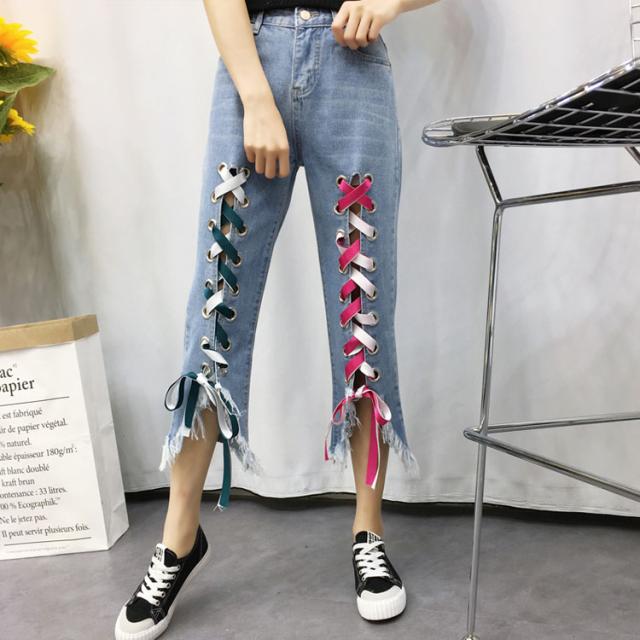 裾フリンジ 7分丈 デニム パンツ レースアップデザイン デニムパンツ デニム ジーンズ 裾切りっぱなし デニム パンツ レディースの通販はau Pay マーケット Mmc