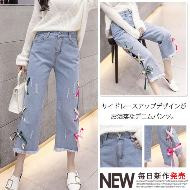レースアップ デニムパンツ デニム ワイドパンツ 裾フリンジ 7分丈 デニム パンツ デニム ジーンズ 裾切りっぱなし デニム パンツ レディの通販はau Pay マーケット Mmc