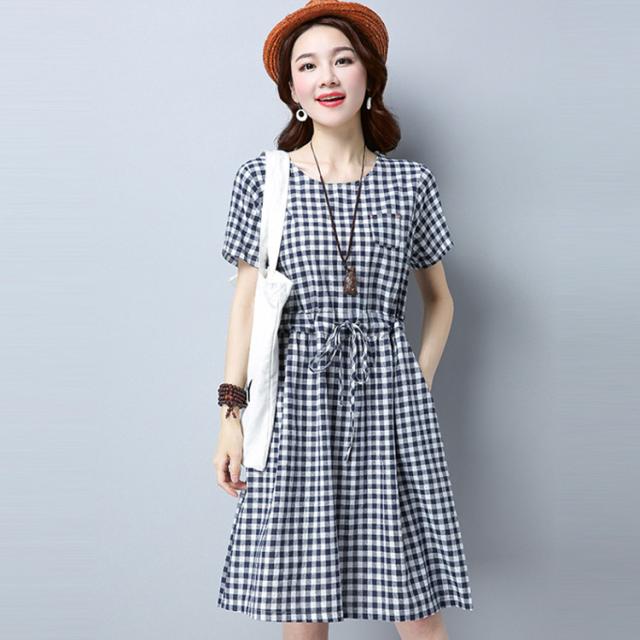 ウエストリボンでサイズ微調整可 半袖 ワンピ レディース ギンガムチェック 半袖ワンピース 膝丈ワンピース 綿麻 リネン ワンピ カジュの通販はau Pay マーケット Mmc