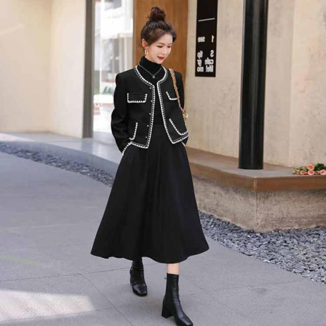 配色ジャケット+スカート 2点セット レディース ノーカラー 長袖 前