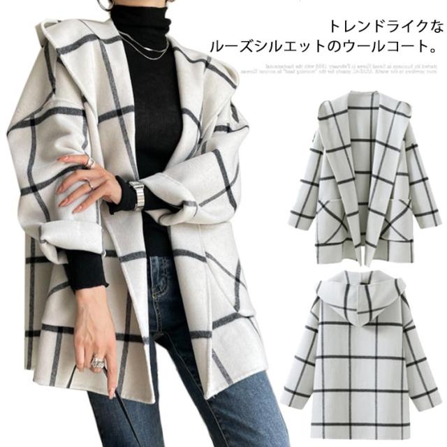 ウールコート フードジャケット レディース ウール混 アウター ミドル丈 フード付き コート おしゃれ チェック柄 ジャケット 羽織り 長袖 ゆったり ロングコート あったか 防寒 ドロップショルダー 大きいサイズ ガウンコート カジュアル 上品 きれいめ 秋冬 冬 秋 送料無料の通販は
