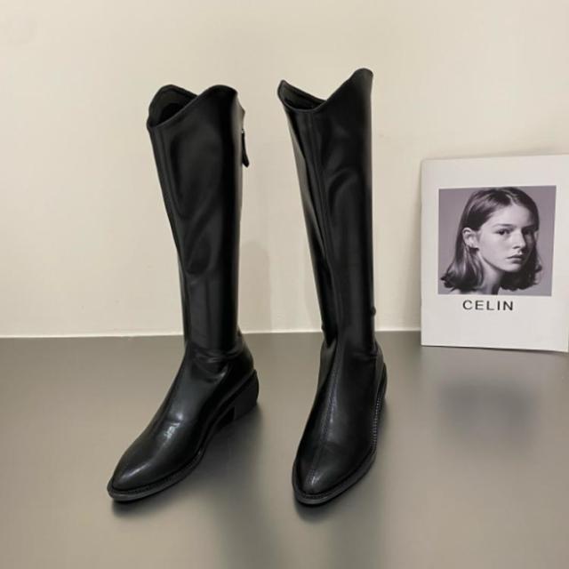 レディース ロングブーツ ジョッキーブーツ ｖカット 黒 チャンキーヒール 歩きやすい ウエスタンブーツ 履きやすい バックジッパー ローヒール 太ヒール