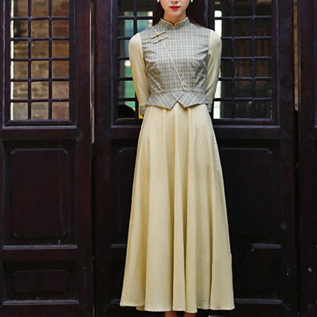 ヴィンテージ風ワンピース ロング レイヤード風ワンピース 中国風