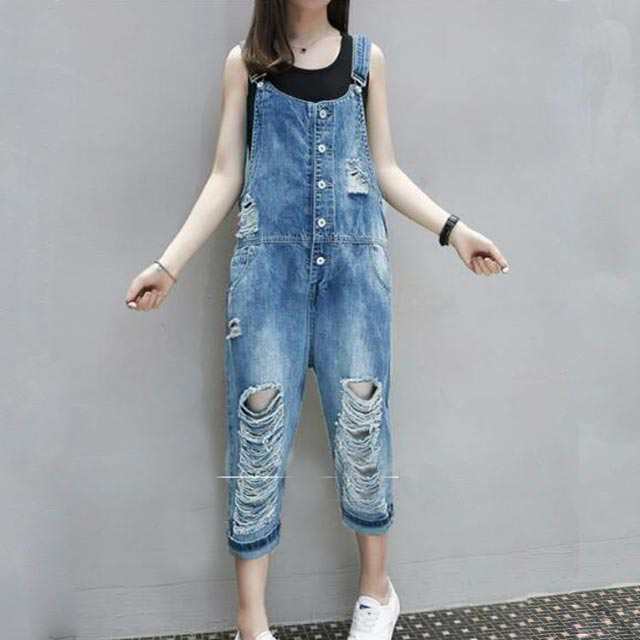 大人のダメージサロペット♪デニムサロペット クラッシュ加工