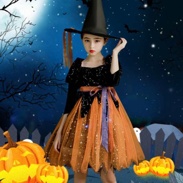 ハロウィン 女の子 コスプレ 子供 110 魔女 ドレス 帽子 セット