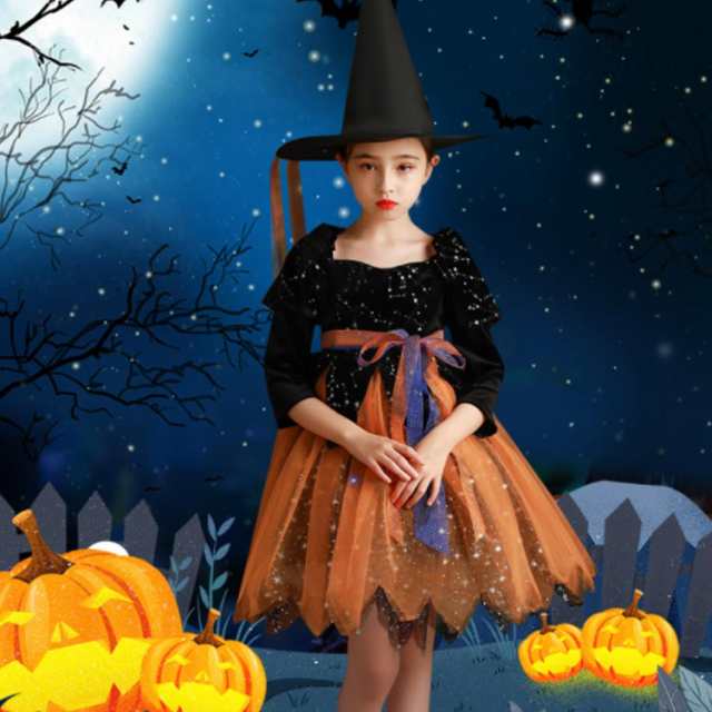 ハロウィン 仮装 コスプレ 女の子 魔女 ワンピース 110cm 帽子 子供