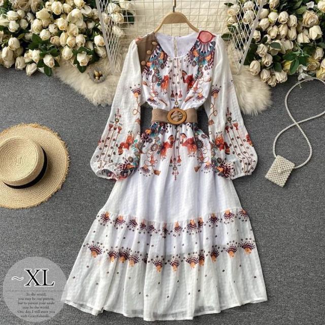 ワンピース プリント柄 ラウンドネック ウエストシェイプ エスニックスタイル ママスタイル 休日スタイル ストリート フェミニン 休日 可の通販はau Pay マーケット 新勢