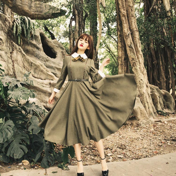 高い品質 送料無料シャツワンピース かわいい リボンタイ マキシワンピース 丸襟 バイカラー 長袖 ロング マキシ丈 Aライン フレア ワンピース シ ブランド直営 Centrodeladultomayor Com Uy