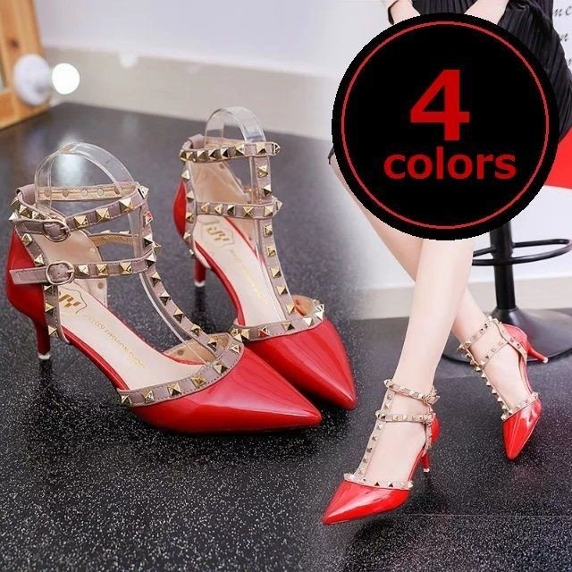 ダブルストラップ パンプス スタッズ付 アンクルストラップパンプス レディース 靴 ポインテッドトゥ バイカラー 配色 ピンヒーの通販はau Pay マーケット 美良