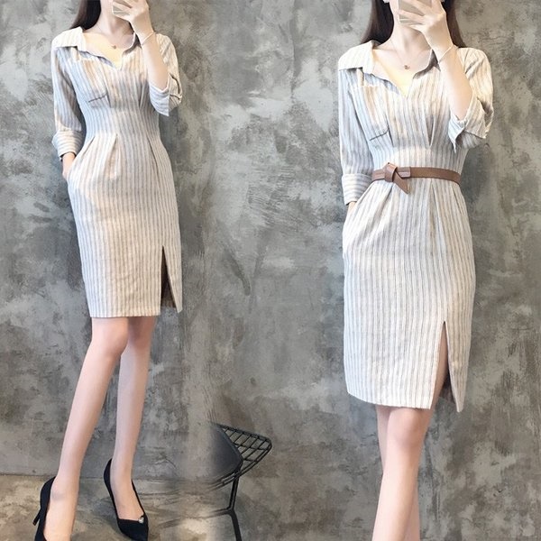 ワンピース レディース ショート丈 七分袖 裾スリット ベルト付き ストライプ柄 切り返し袖 着痩せ エレガント 上品 キレイめの通販はau Pay マーケット 美良