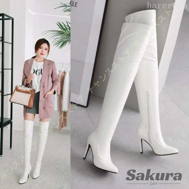 ニーハイブーツ 大きいサイズ ロングブーツ サイハイブーツ 大きい サイズ ハイヒール 黒 ブラック ポインテッドトゥ ピンヒール レディの通販は