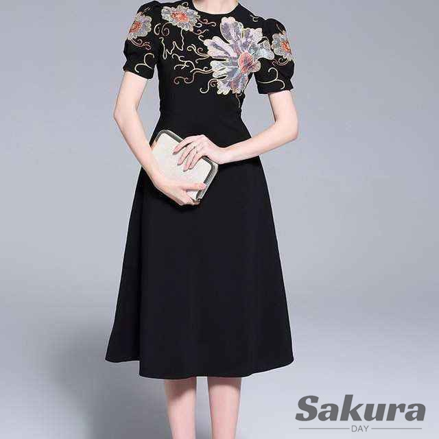 ワンピース レディース 和柄 フラワー 刺繍 膝下 半袖 パフスリーブ フレア かわいい きれいめ 大人女子 上品 おしゃれ 春 夏の通販は