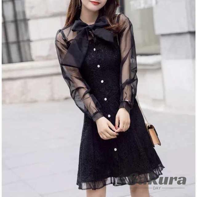 ワンピースレディース ワンピース ショート ショート丈 膝上 袖あり 5分袖 五分袖 襟なし スリム タイト 細身 Aライン シフォン リボンの通販は