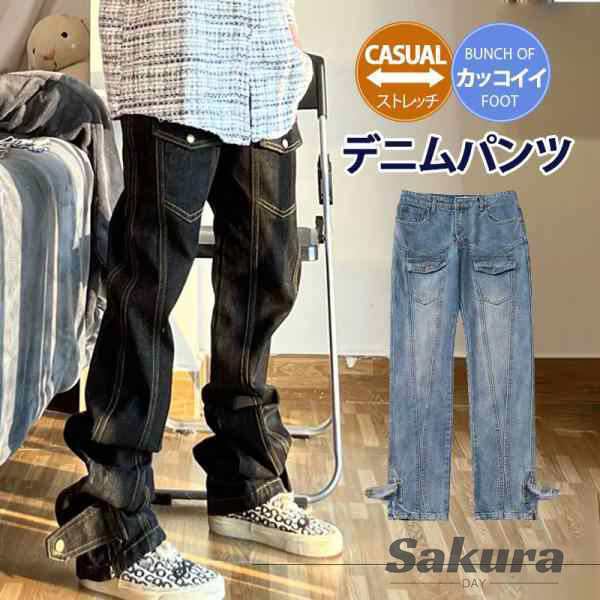 デニムパンツ ワイドパンツ メンズ ストレッチ ジーパン ジーンズ 快適 伸縮 ユーズド感 ゆったり ヴィンテージ加工 おしゃれ 太め セーの通販は