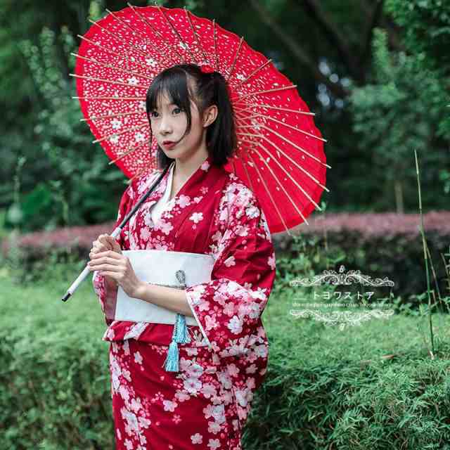 浴衣 帯 セット 女性 浴衣 夏 赤 レッド ワイン 桜 花柄 お盆 お祭り 作り帯 結び帯 和装 ゆかた レディース 綿100％ 帯留め 腰紐付き プの通販は