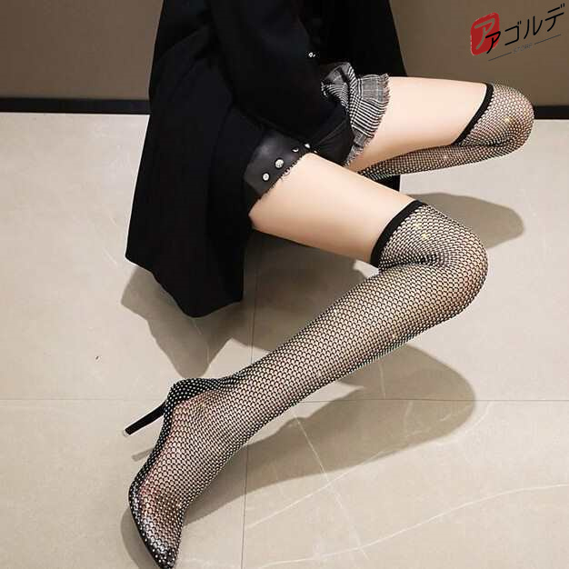 ブーツ レディースシューズ ロングブーツ ニーハイブーツ ソックスブーツ ヒール ハイヒール ピンヒール ポインテッドトゥ レース ビジュの通販は