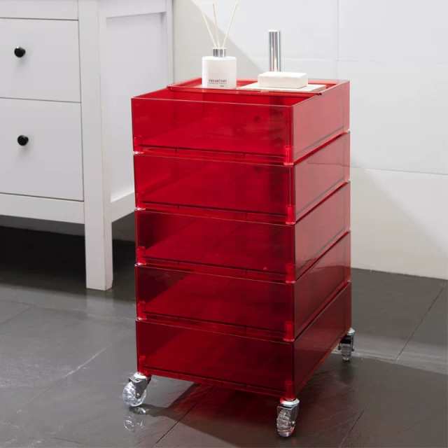 回転式引き出しトロリー 5段 透明 サイドテーブル 収納ラック キャスター付き モダン オフィス 美容室 収納 サイト収納 おしゃれ デザイの通販は