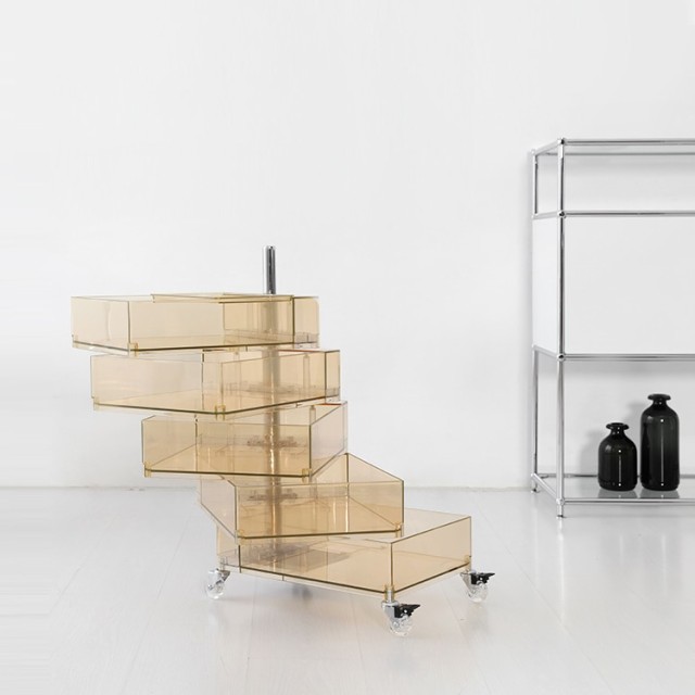 回転式引き出しトロリー 5段 透明 サイドテーブル 収納ラック キャスター付き モダン オフィス 美容室 収納 サイト収納 おしゃれ デザイの通販は