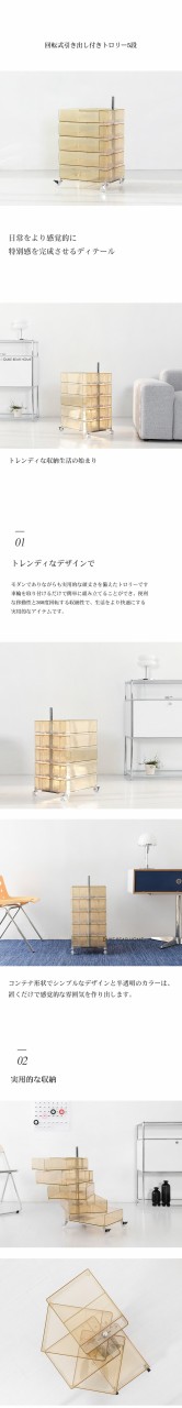 回転式引き出しトロリー 5段 透明 サイドテーブル 収納ラック キャスター付き モダン オフィス 美容室 収納 サイト収納 おしゃれ デザイの通販は